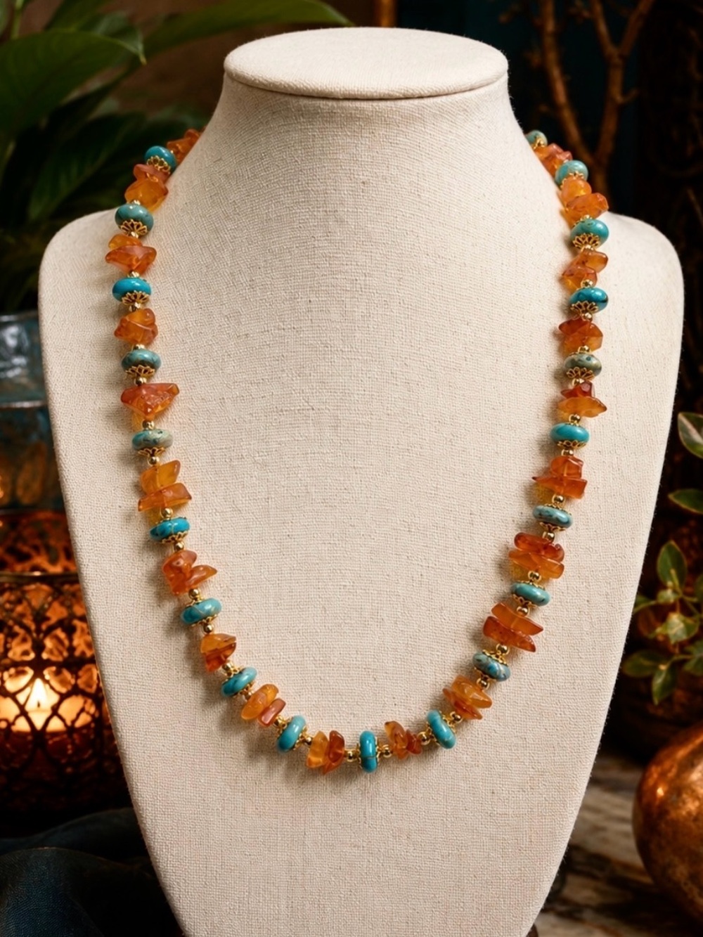 Beautiful Hubei Turquoise & natural Amber beaded necklace with 18k gold beads. - Picture 2 of 5